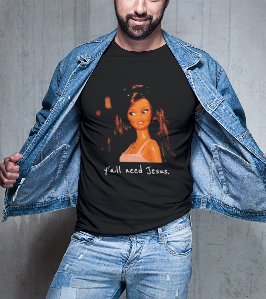 Y'all Need Jesus Doll Funny Meme Brown Hair Orange Dress T-Shirt