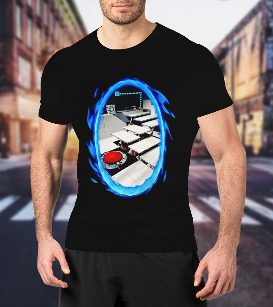 Portal Weighted Companion Cube Aperture Science Test Chamber Blue Portal Steps T-Shirt