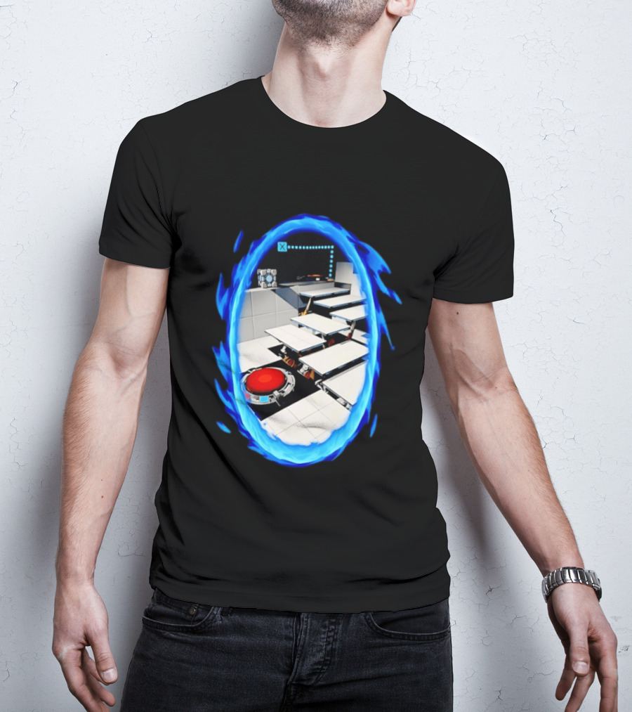Portal Weighted Companion Cube Aperture Science Test Chamber Blue Portal Steps T-Shirt