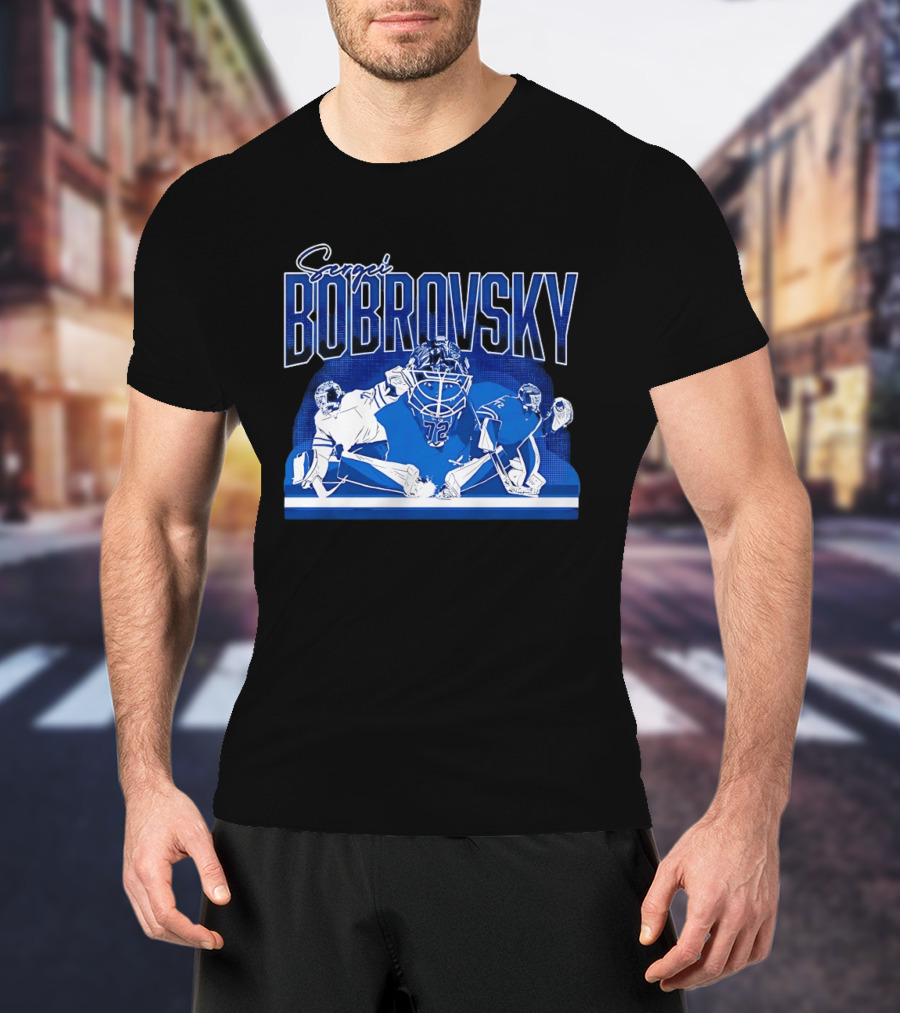 Sergei Bobrovsky Number 72 Blue And White Hockey Goalie Action Toronto Maple Leafs NHL T-Shirt