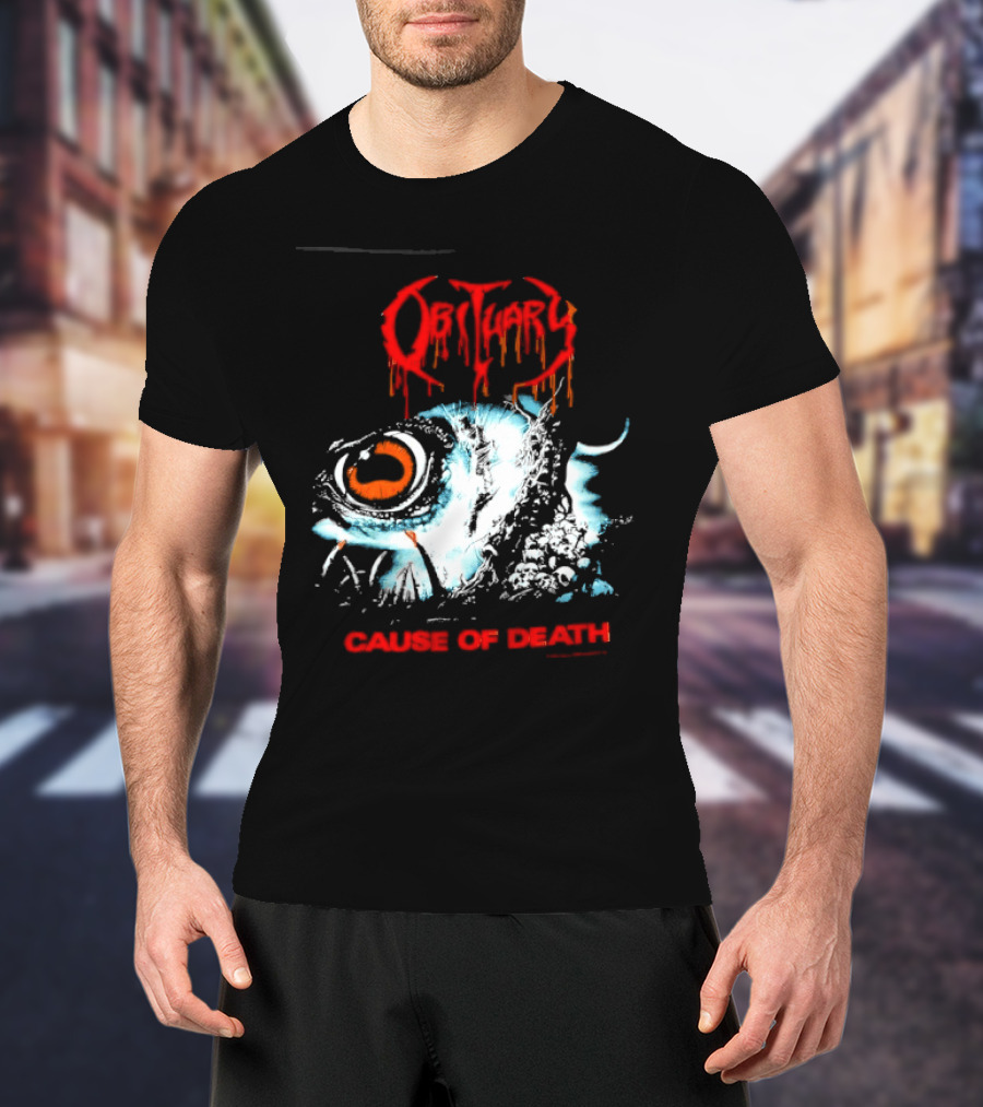 Obituary Cause Of Death Eye Metal Band With Orange Red T-Shirt