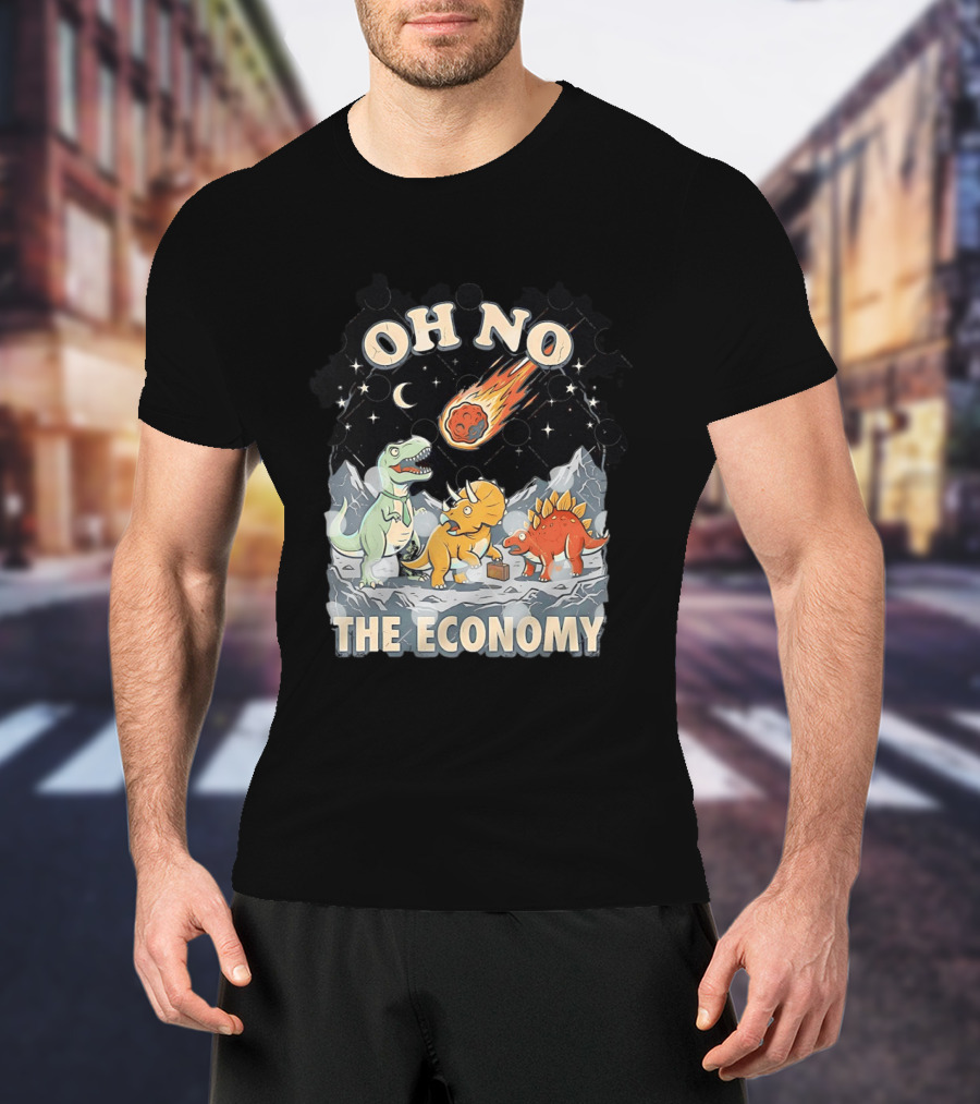 Oh No The Economy Dinosaurs Meteor Cartoon Funny Design Dinosaur Comic T-Shirt