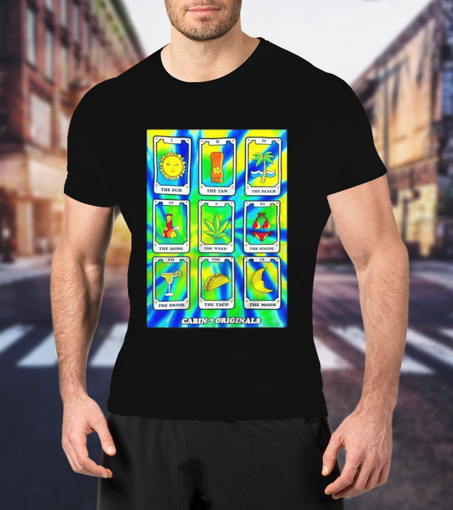 Cabin 7 Originals Tarot Cards Sun Tan Beach Bong Weed Bikini Drink Taco Moon T-Shirt
