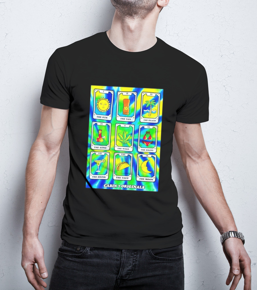 Cabin 7 Originals Tarot Cards Sun Tan Beach Bong Weed Bikini Drink Taco Moon T-Shirt