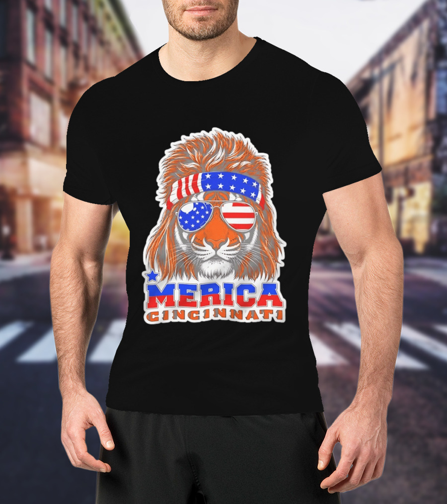 Cincinnati Merica Patriotic Tiger Mullet USA Flag T-Shirt