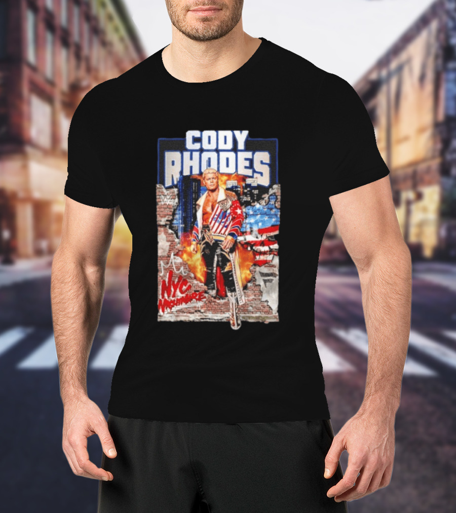 Cody Rhodes NYC Nightmare WWE Wrestling Fireworks Explosion Brick Wall American Flag Jacket T-Shirt