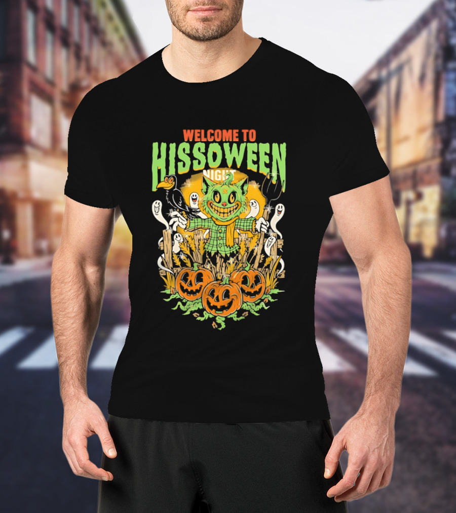 Welcome To Hissoween Night Cat Ghost Scarecrow Pumpkin T-Shirt