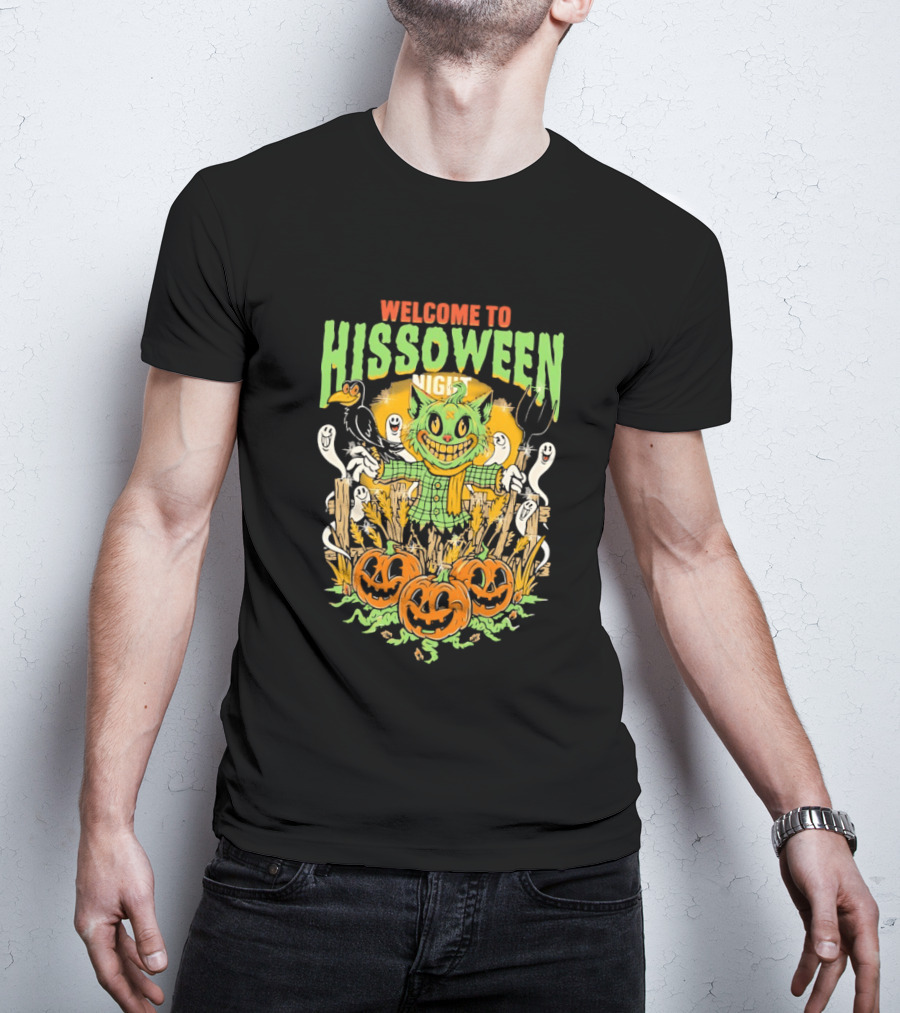 Welcome To Hissoween Night Cat Ghost Scarecrow Pumpkin T-Shirt
