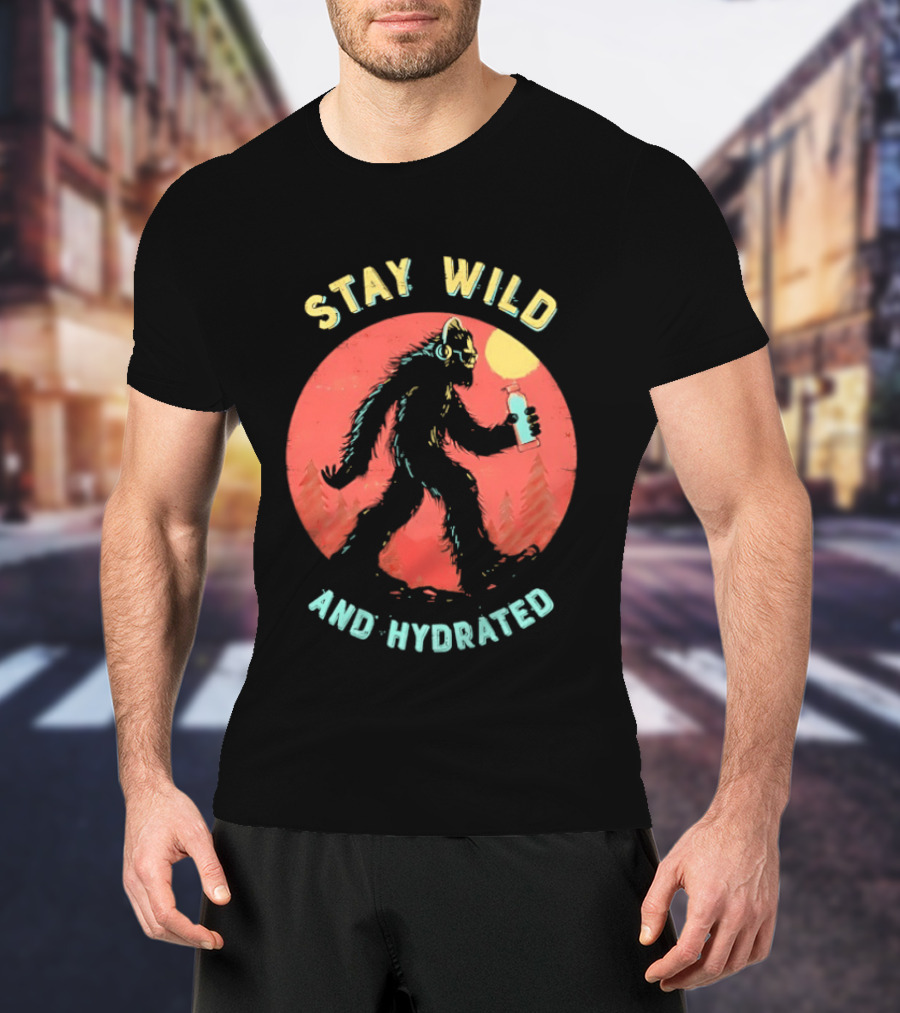 Stay Wild And Hydrated Bigfoot With Water Bottle In Forest T-Shirt