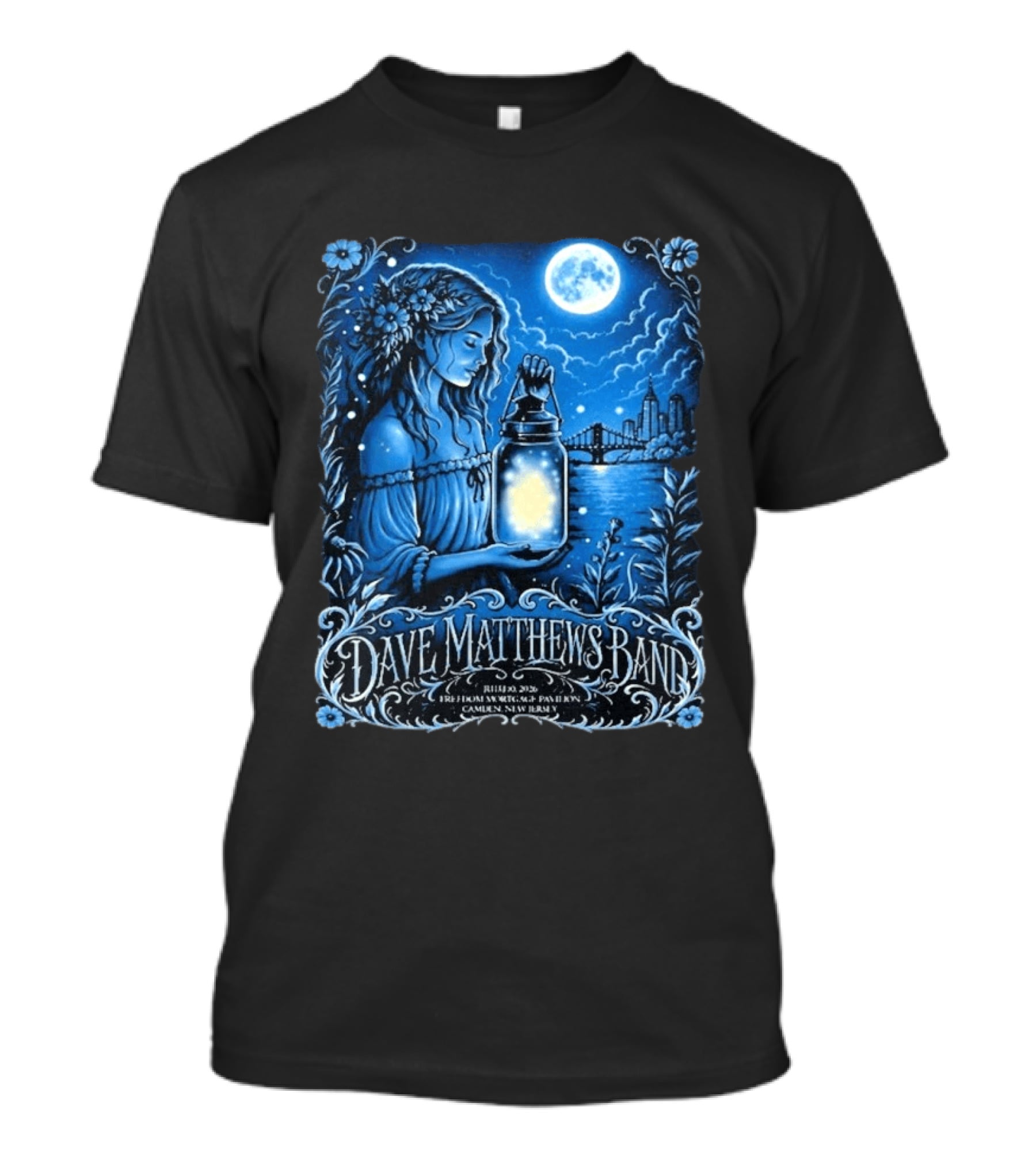 Dave Matthews Band July 10 2026 Freedom Mortgage Pavilion Camden New Jersey Moonlit Lantern And City Skyline T-Shirt