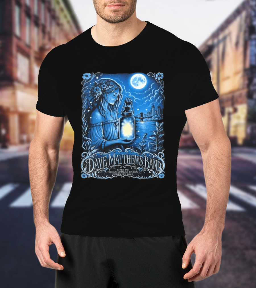 Dave Matthews Band July 10 2026 Freedom Mortgage Pavilion Camden New Jersey Moonlit Lantern And City Skyline T-Shirt