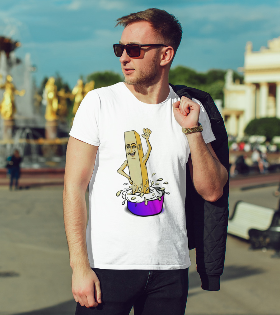 Belgian French Fry Cartoon Character Waving In Sauce Bowl T-Shirt