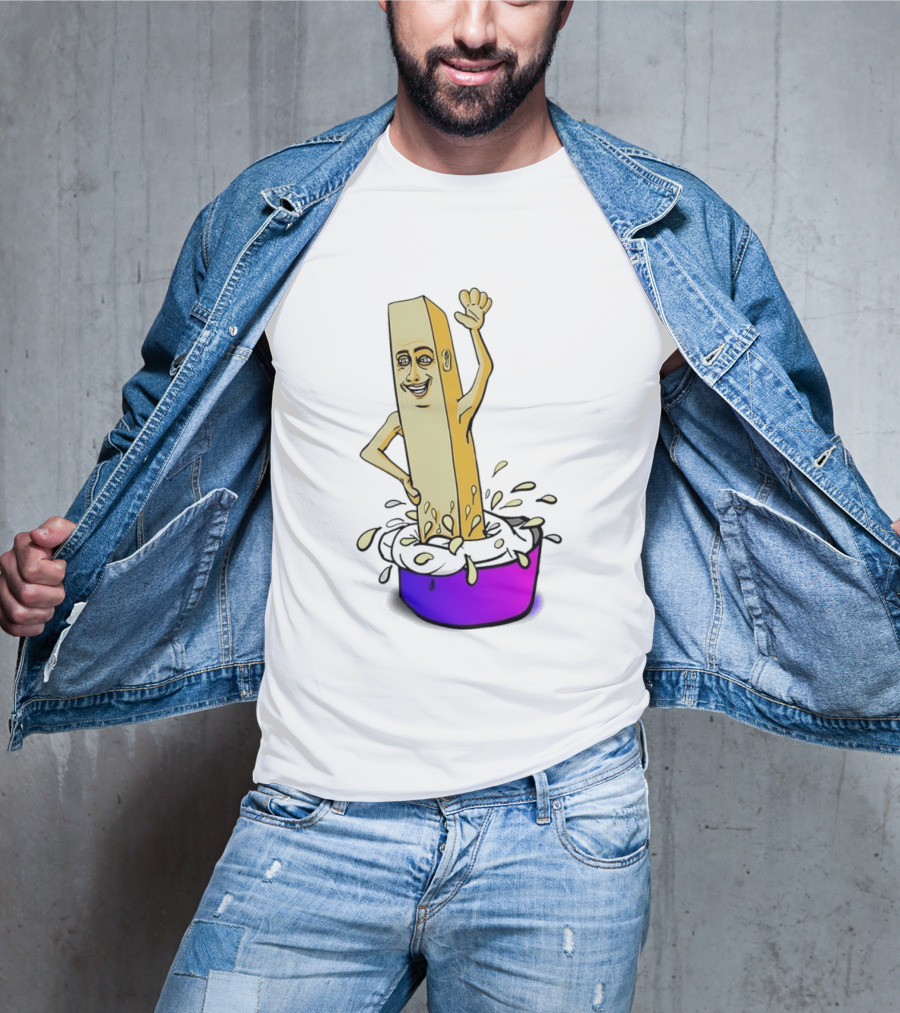 Belgian French Fry Cartoon Character Waving In Sauce Bowl T-Shirt