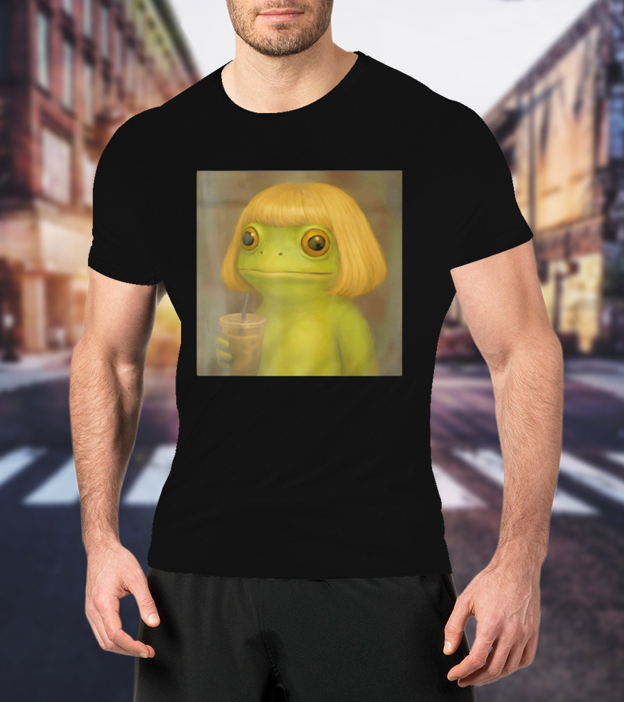 Blonde Wig Frog Holding Iced Coffee T-Shirt