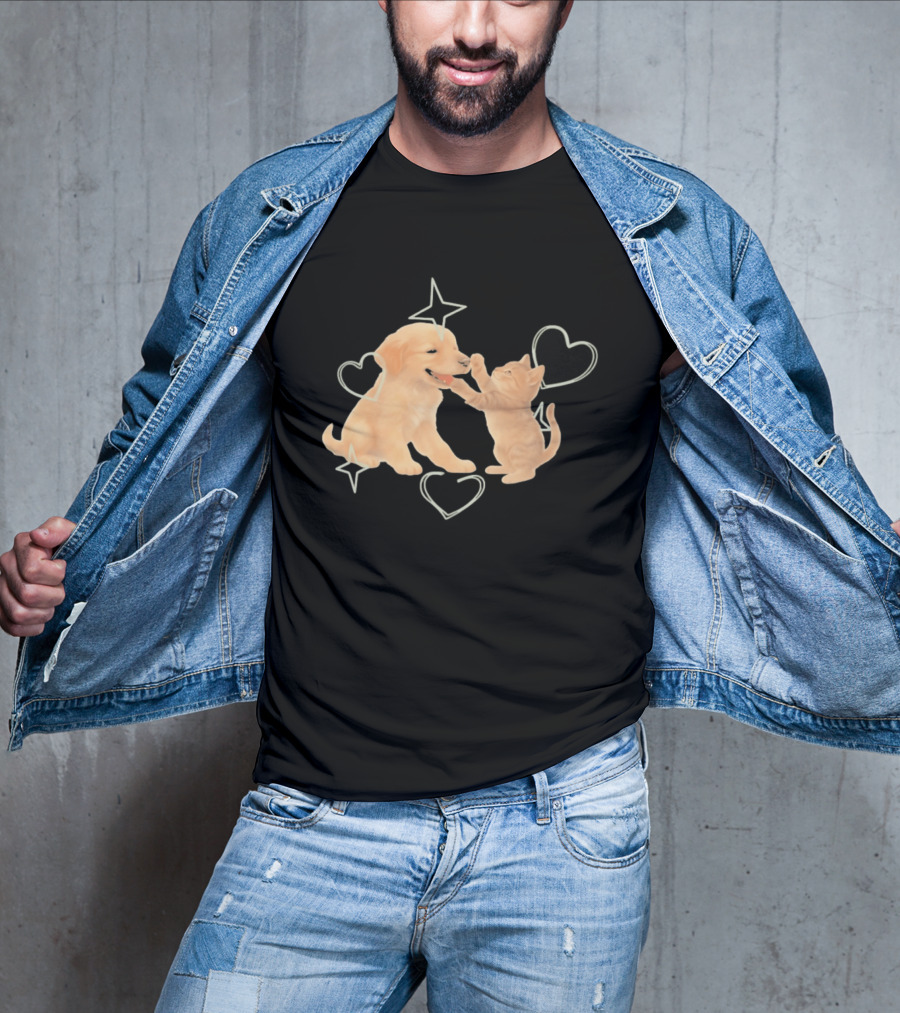 Golden Retriever Puppy And Tabby Kitten Playing With Stars And Hearts T-Shirt