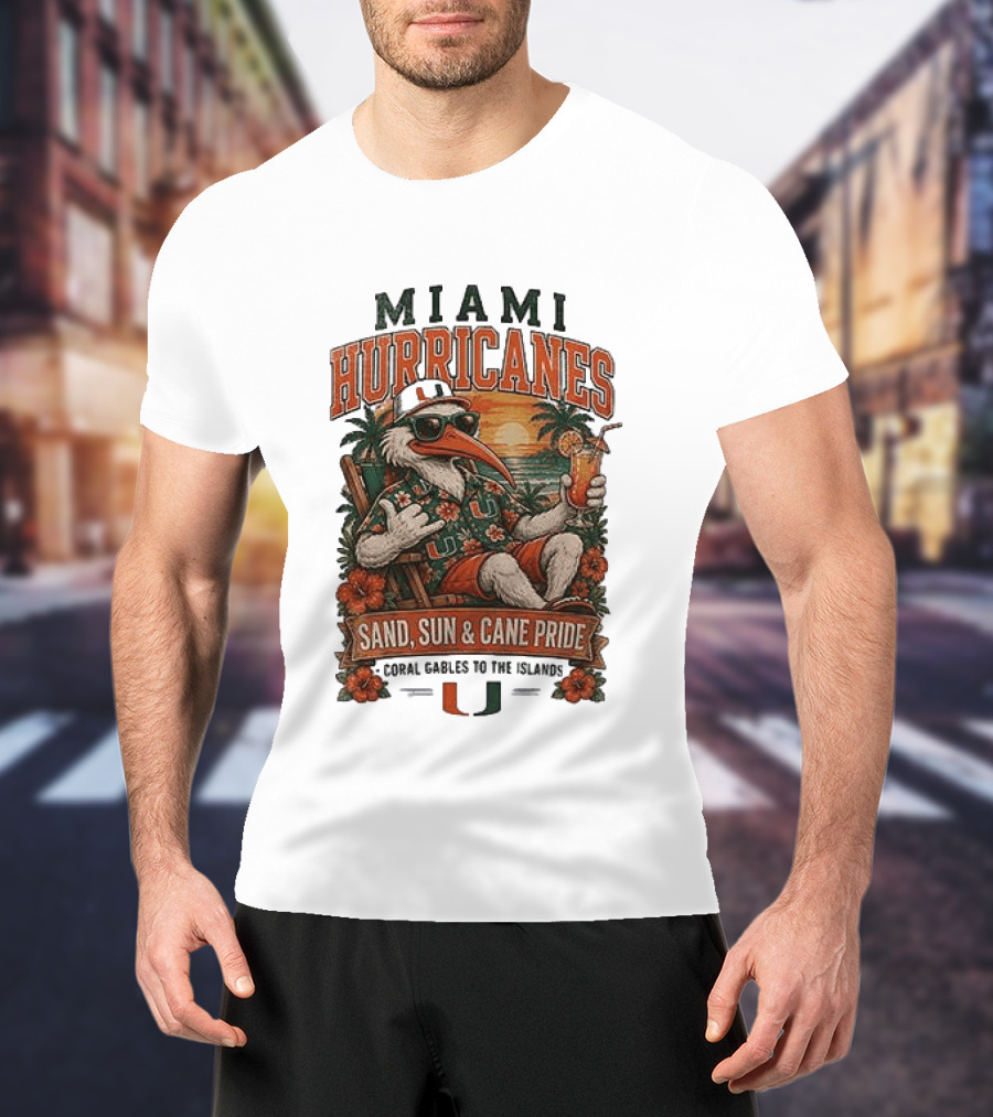 Miami Hurricanes Sand Sun Cane Pride Coral Gables To The Islands T-Shirt