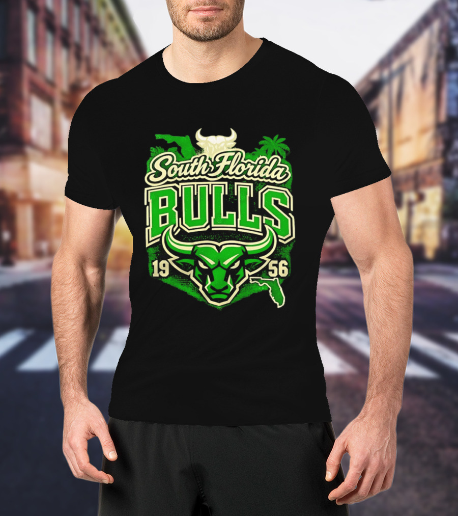 South Florida Bulls 1956 NCAA College Football Palm Tree Map Green Bull T-Shirt
