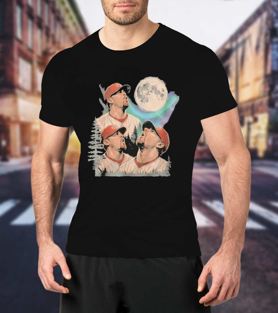 Three Howling Phillies 2026 Randy Wolf Meme Vintage Baseball Art Baseball Moon Forest T-Shirt