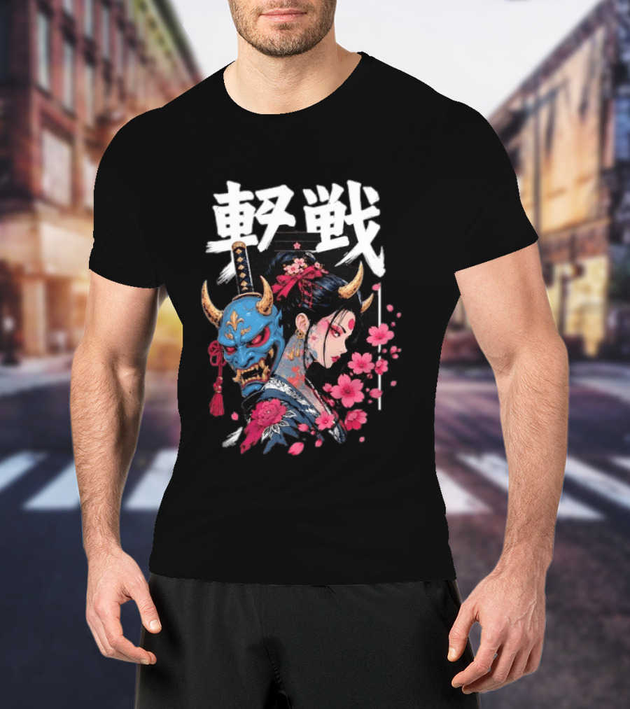 Japanese Oni Mask And Geisha With Cherry Blossoms Kanji T-Shirt