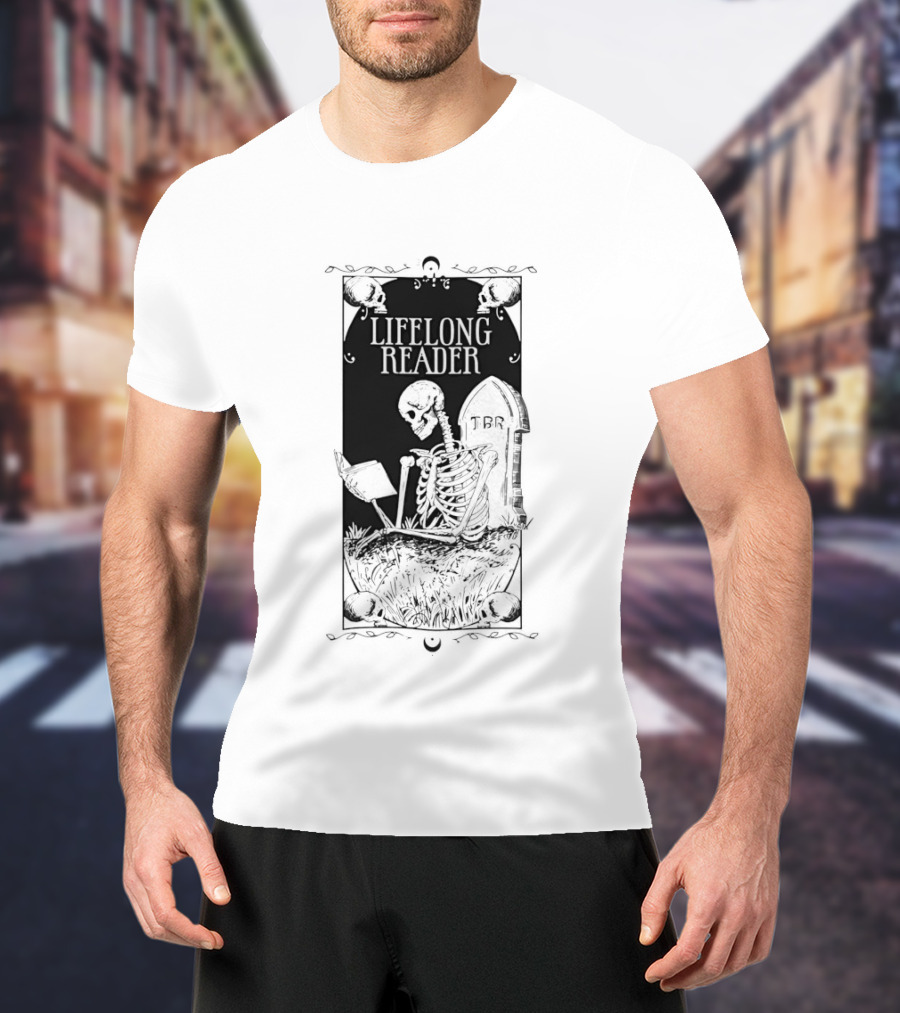 Lifelong Reader Skeleton With Book And Tombstone Retro Gothic T-Shirt
