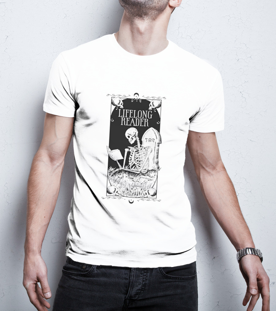 Lifelong Reader Skeleton With Book And Tombstone Retro Gothic T-Shirt