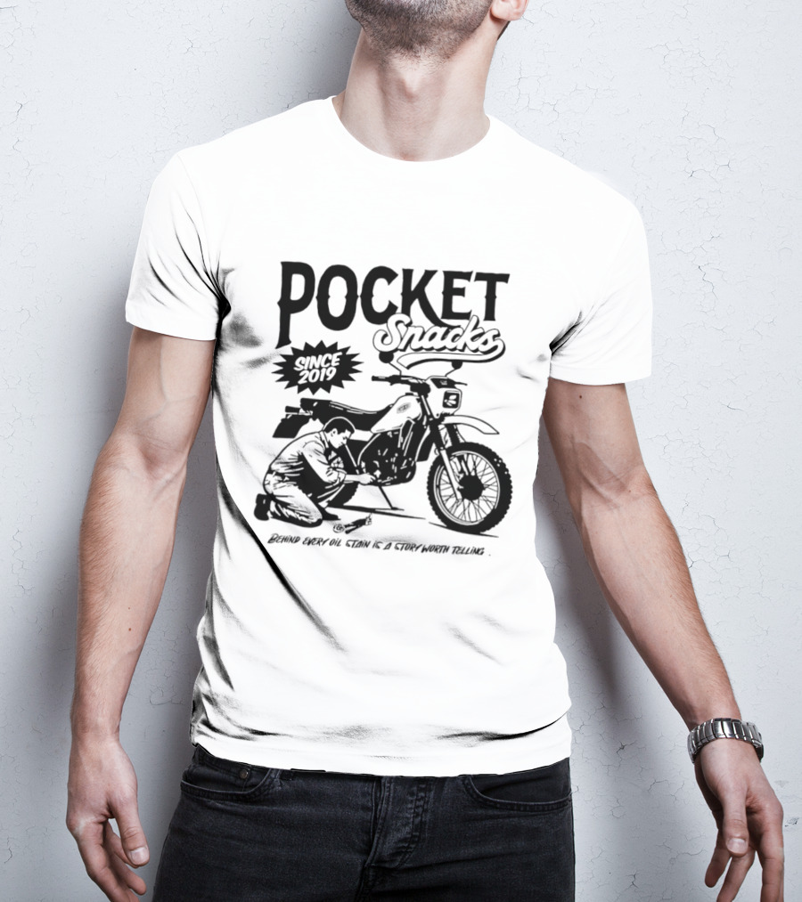 Pocket Snacks Since 2019 Motorcycle Mechanic Oil Stain T-Shirt