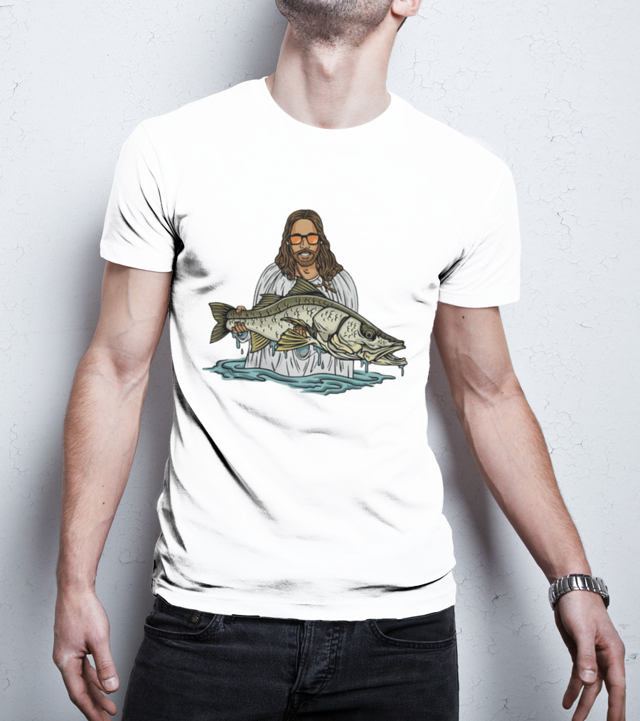 Jesus Holding Fish Like Jesus Fishing With Sunglasses T-Shirt