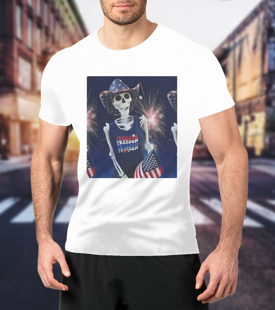 Freedom Skeleton Patriot With American Flag And Fireworks Fourth Of July T-Shirt