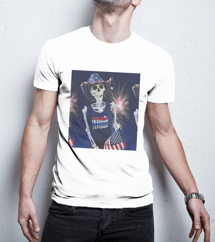 Freedom Skeleton Patriot With American Flag And Fireworks Fourth Of July T-Shirt