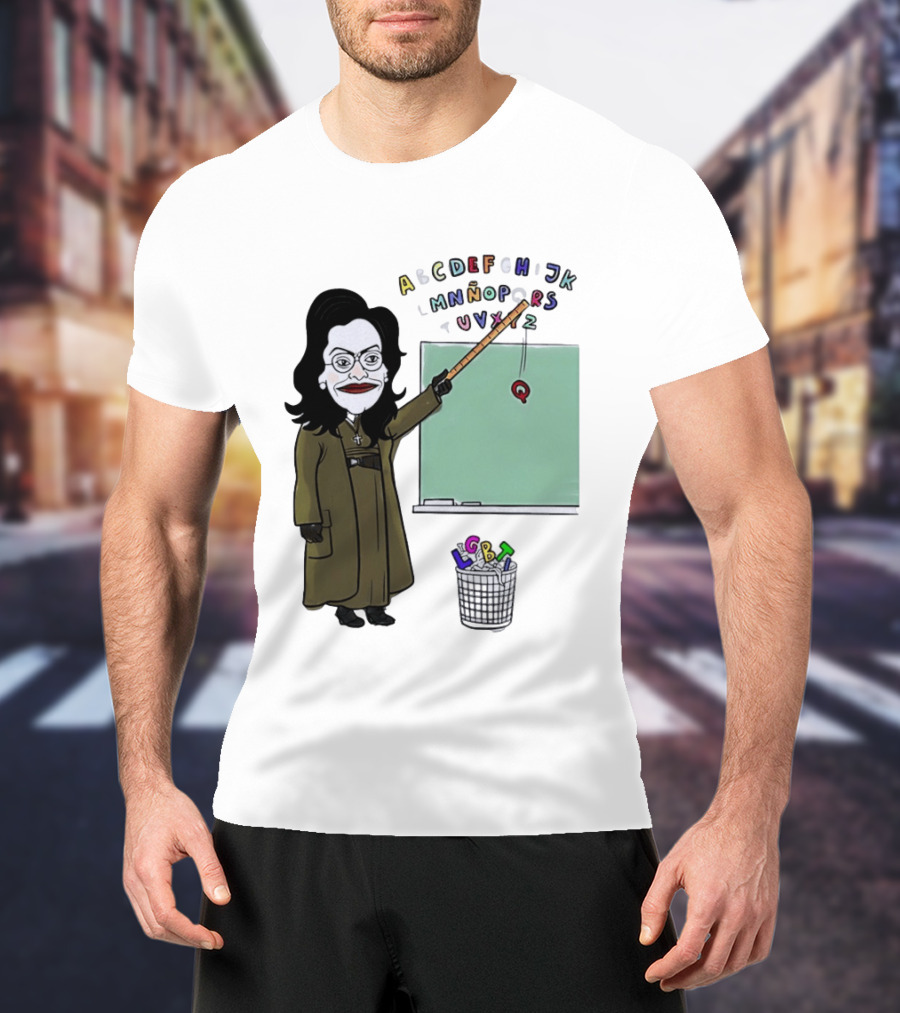 LGBTQ Alphabet Removal Cartoon Teacher With Chalkboard And Trash Bin T-Shirt