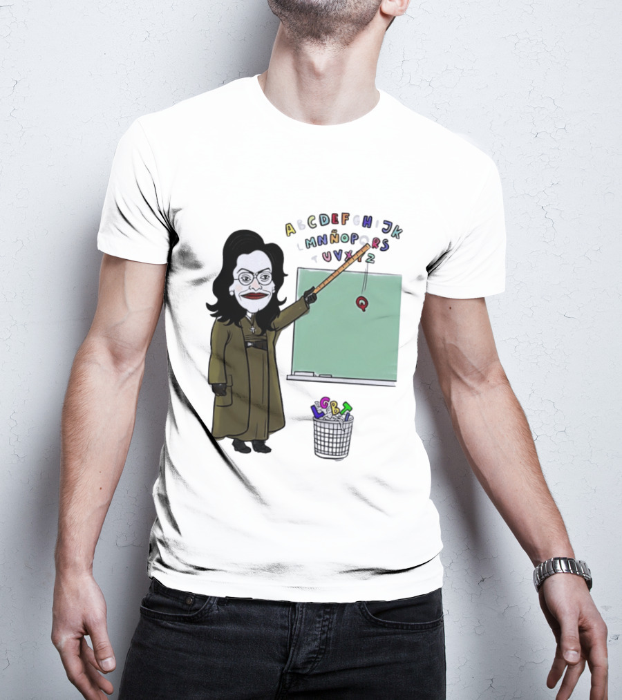 LGBTQ Alphabet Removal Cartoon Teacher With Chalkboard And Trash Bin T-Shirt