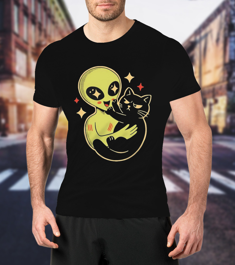 Alien Holding Grumpy Black Cat Surrounded By Stars T-Shirt