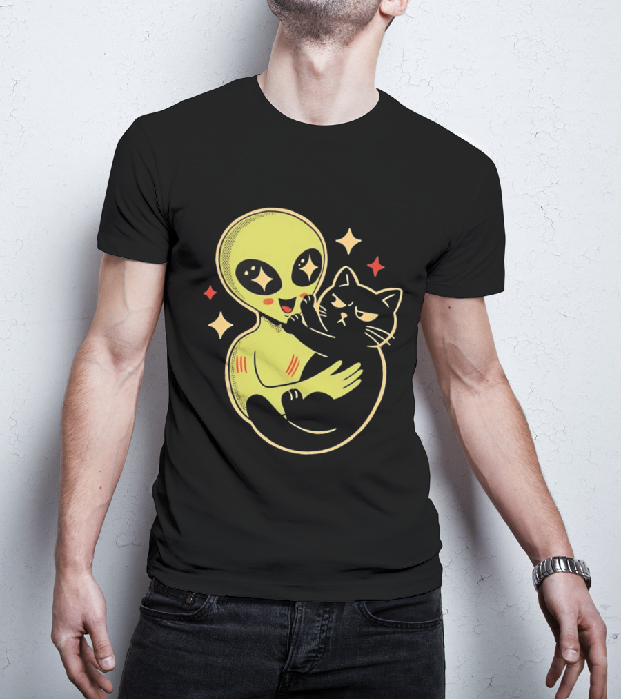 Alien Holding Grumpy Black Cat Surrounded By Stars T-Shirt