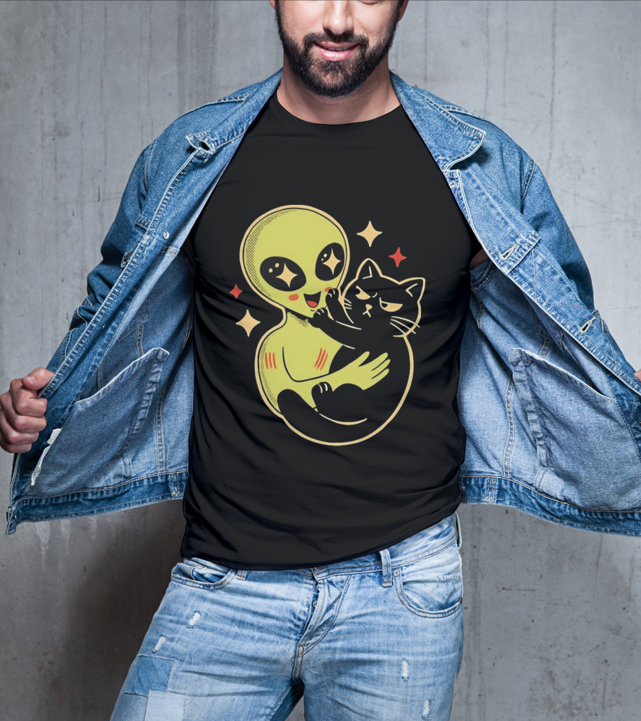 Alien Holding Grumpy Black Cat Surrounded By Stars T-Shirt