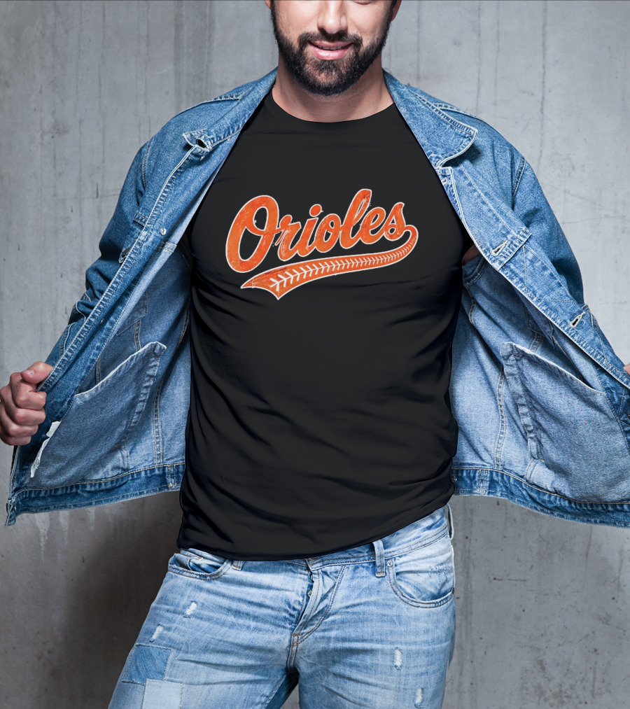 Baltimore Orioles Vintage Text With Baseball Stitching T-Shirt