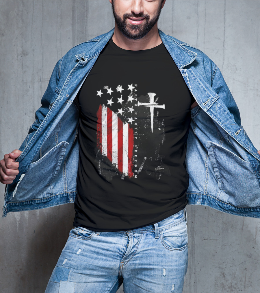 Faith Family Freedom Patriotic American Flag Cross T-Shirt