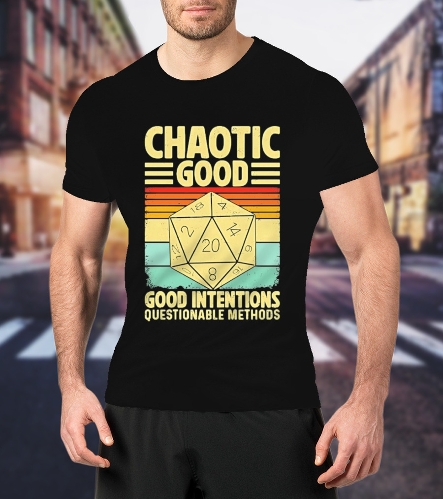 Chaotic Good D20 Good Intentions Questionable Methods Stripes T-Shirt