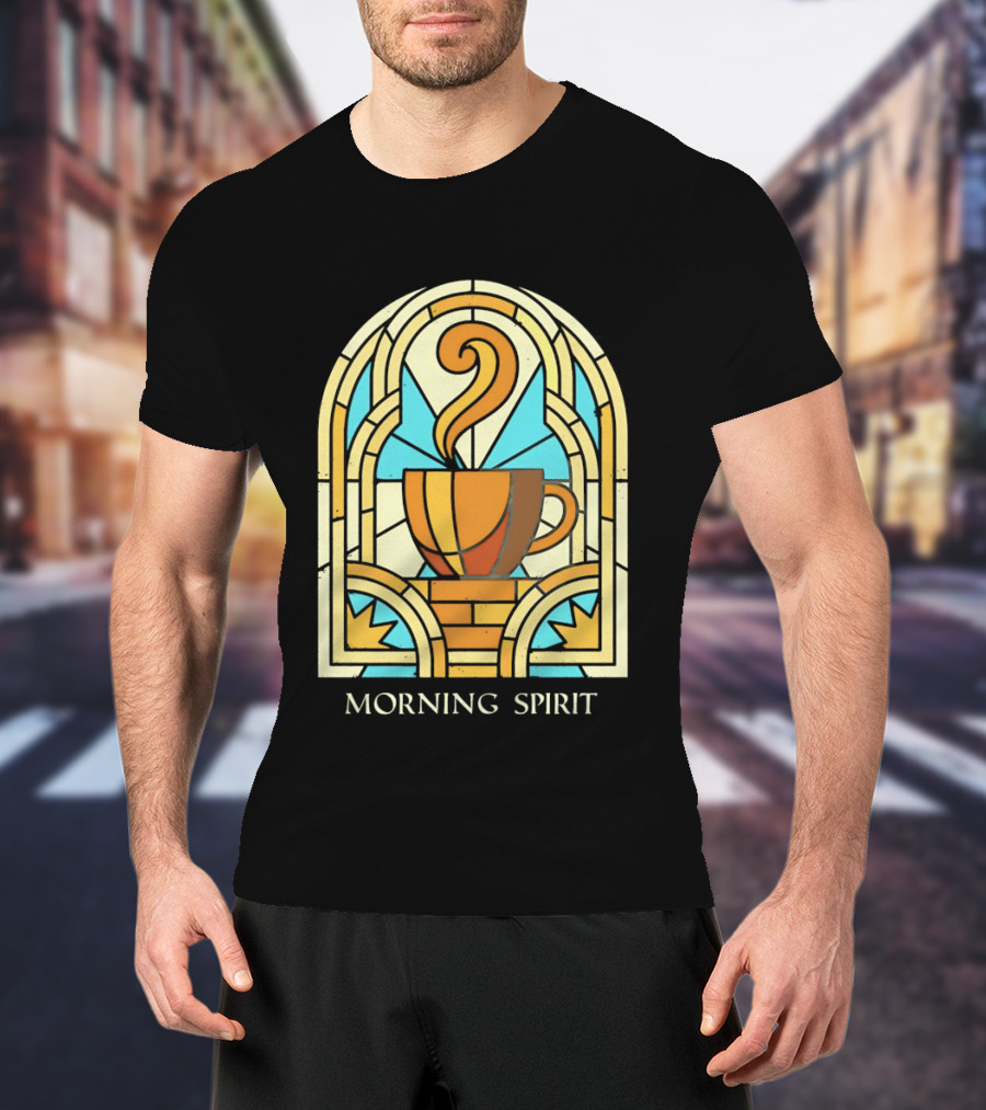 Morning Spirit Coffee Cup Stained Glass Art Deco T-Shirt
