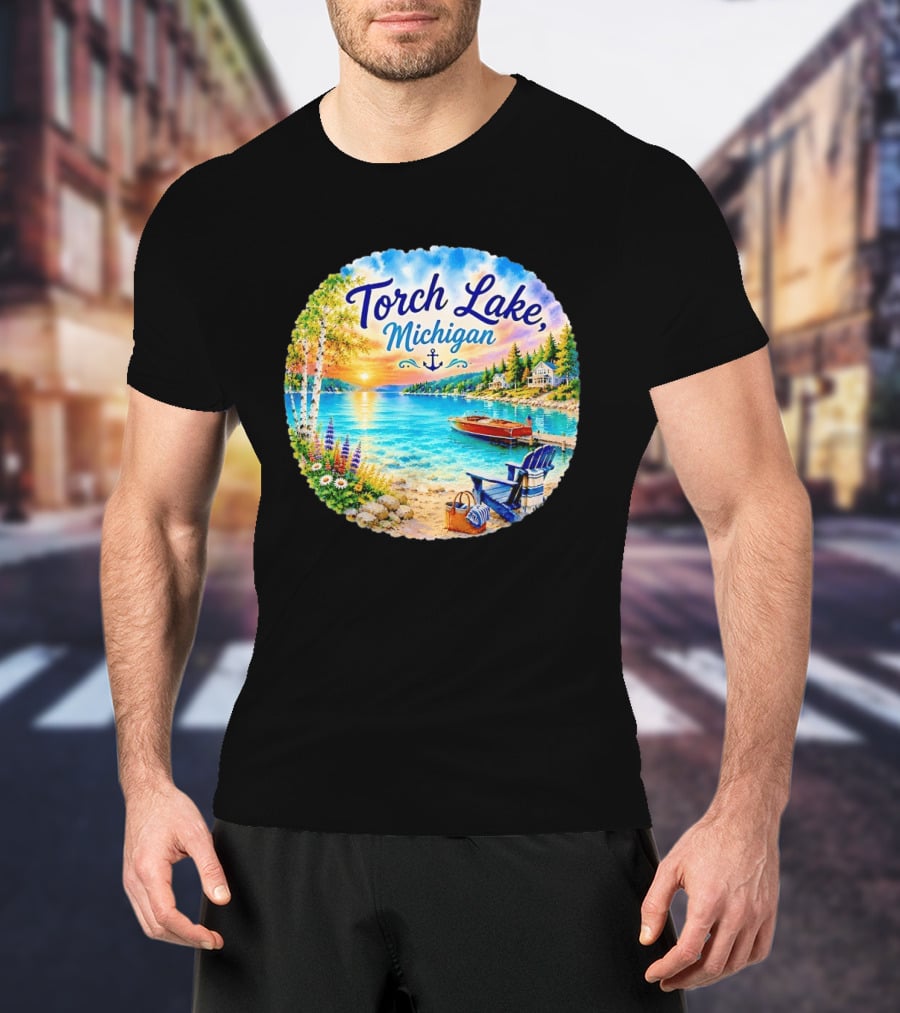Torch Lake Michigan Sunset Scenic Lakeside Anchor T-Shirt