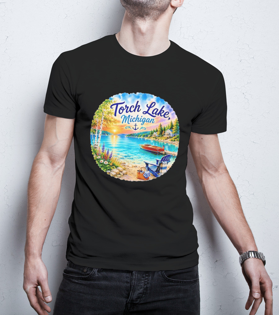 Torch Lake Michigan Sunset Scenic Lakeside Anchor T-Shirt