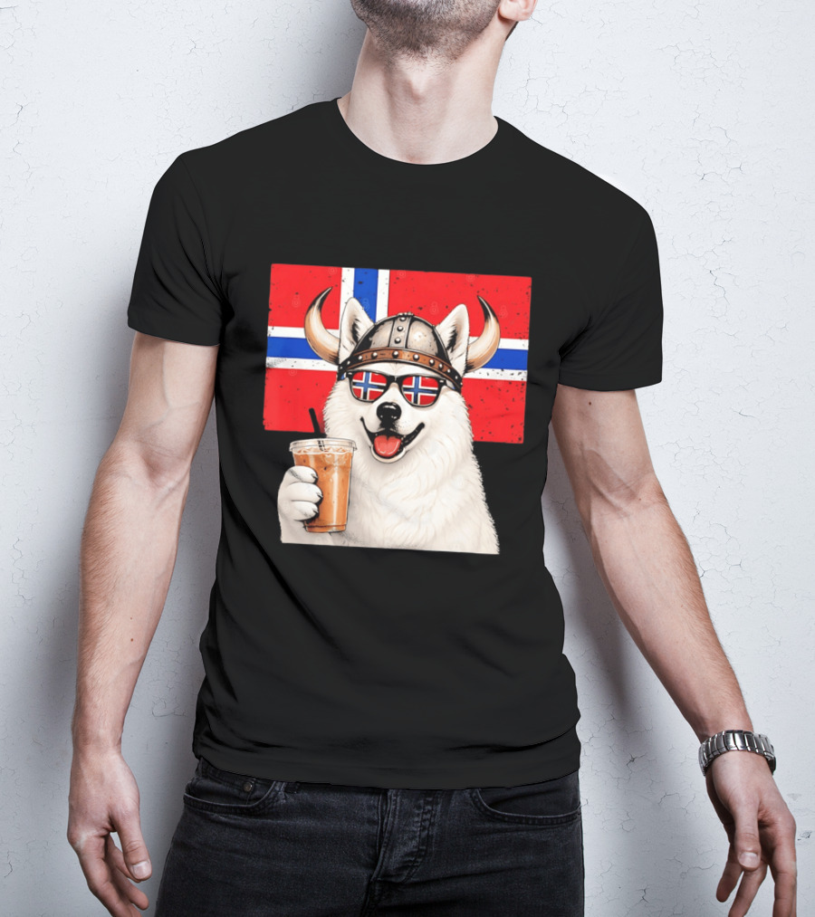 Viking Husky With Norwegian Flag Glasses And Iced Coffee T-Shirt