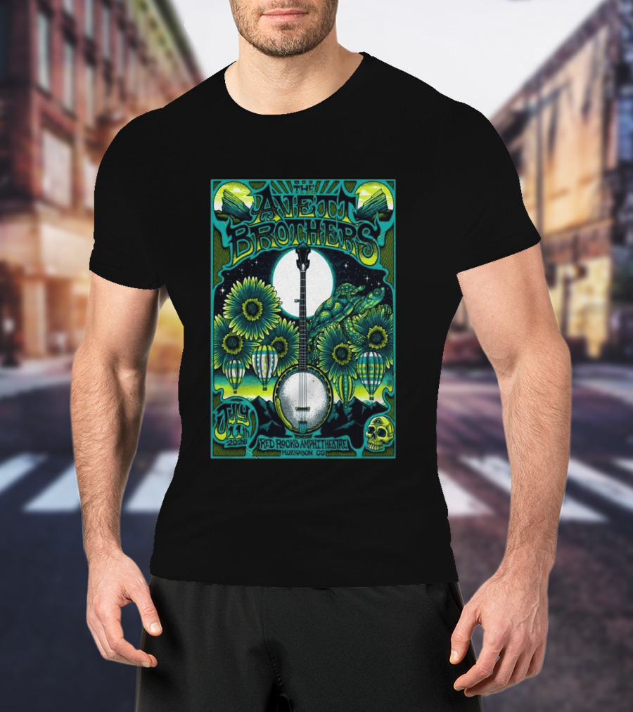 The Avett Brothers Red Rocks Amphitheatre July 11 2026 Morrison CO Banjo Sunflowers Hot Air Balloons Turtles Skulls T-Shirt