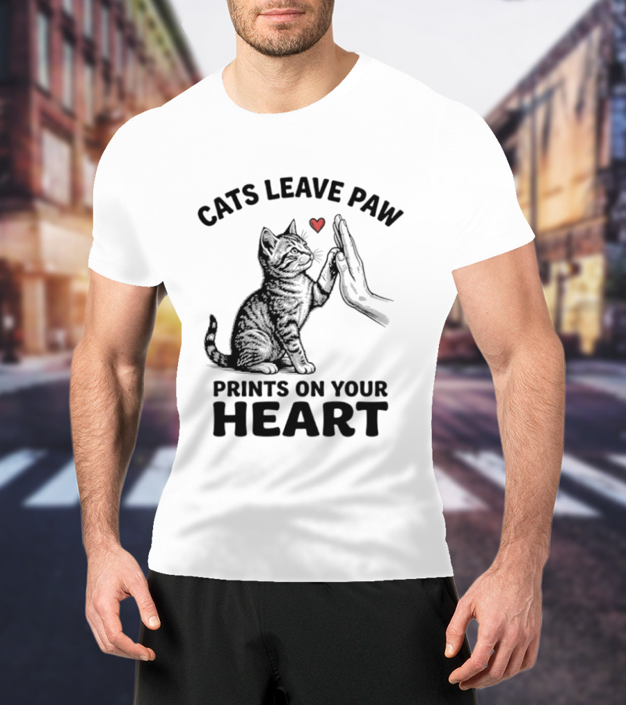 Cats Leave Paw Prints On Your Heart With Hand And Paw High Five T-Shirt