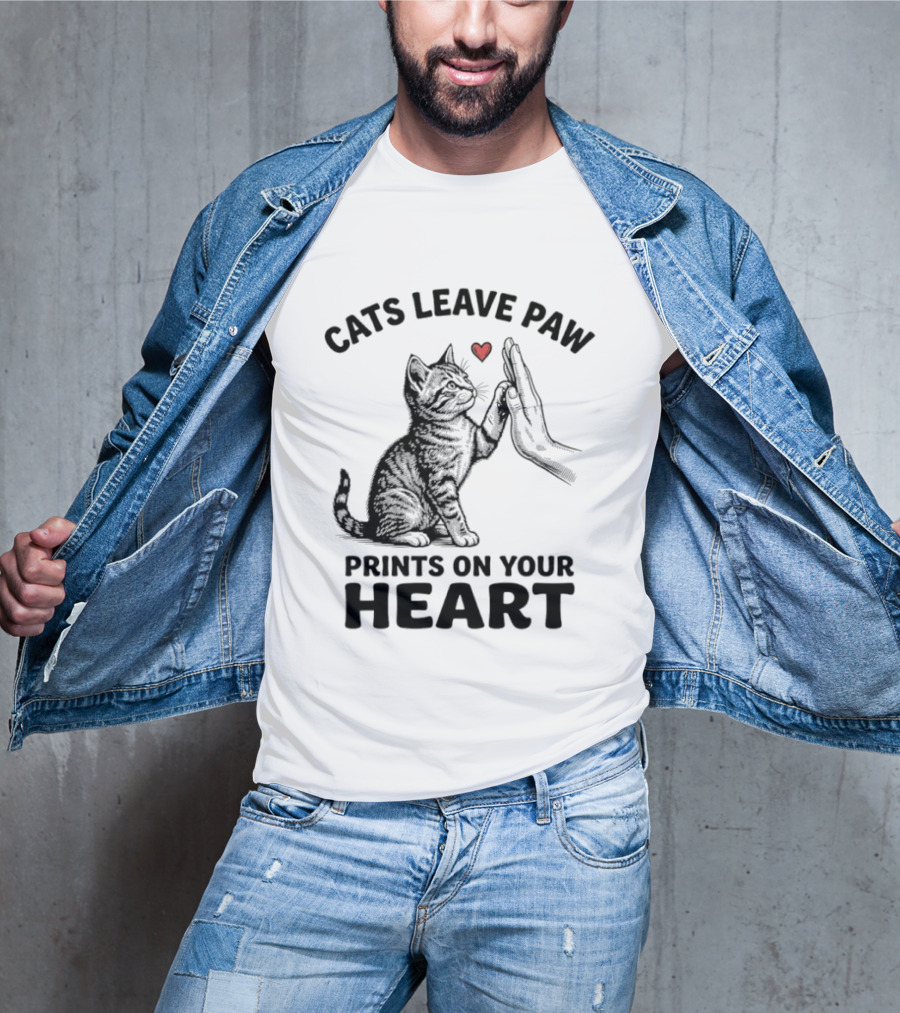 Cats Leave Paw Prints On Your Heart With Hand And Paw High Five T-Shirt