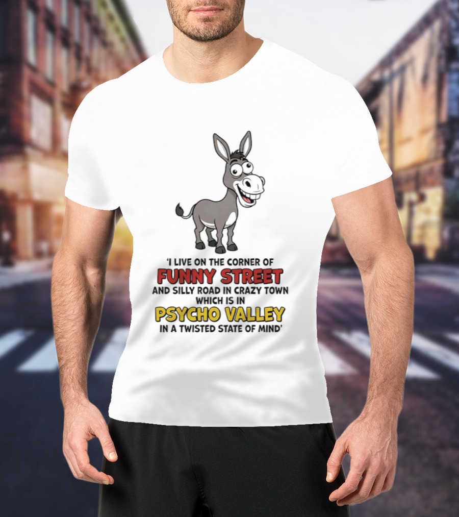 Donkey I Live On The Corner Of Funny Street And Silly Road In Crazy Town Psycho Valley In A Twisted State Of Mind T-Shirt
