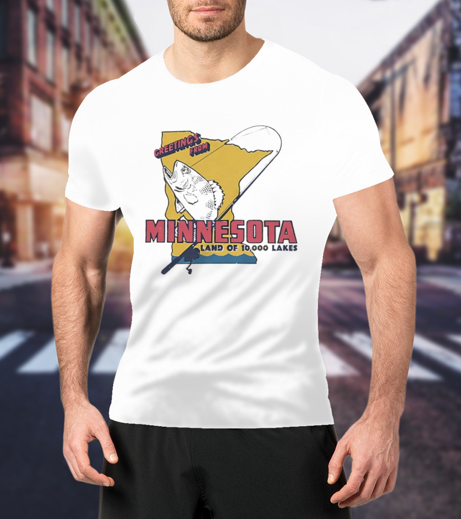 Greetings From Minnesota Land Of 10000 Lakes Fishing Map T-Shirt