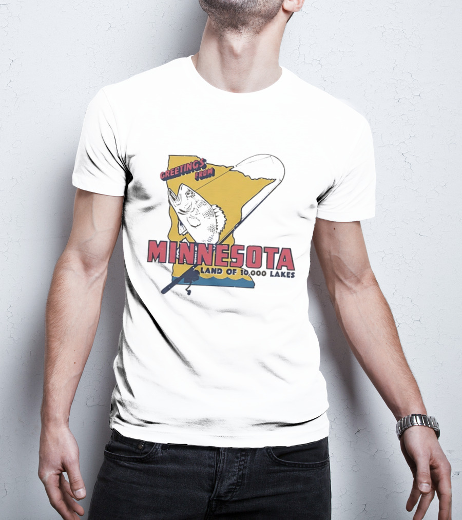 Greetings From Minnesota Land Of 10000 Lakes Fishing Map T-Shirt