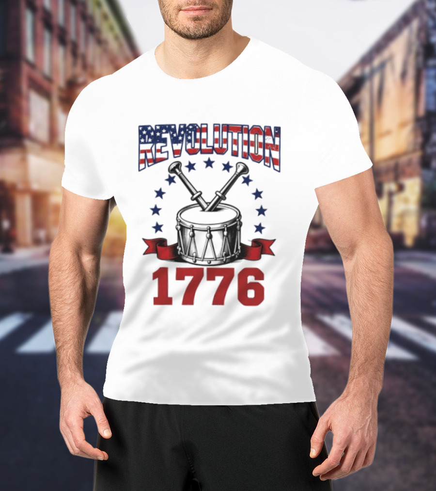 Revolution 1776 American Independence Drum With Stars And Crossed Drumsticks T-Shirt