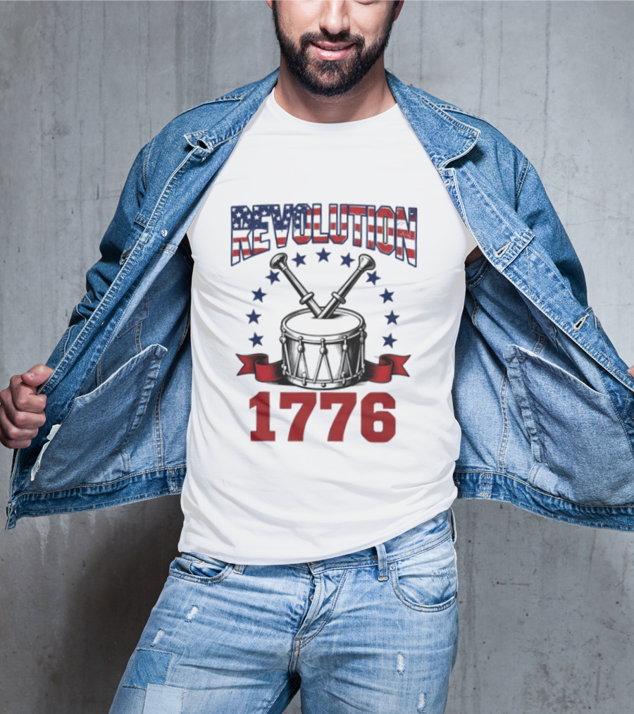 Revolution 1776 American Independence Drum With Stars And Crossed Drumsticks T-Shirt