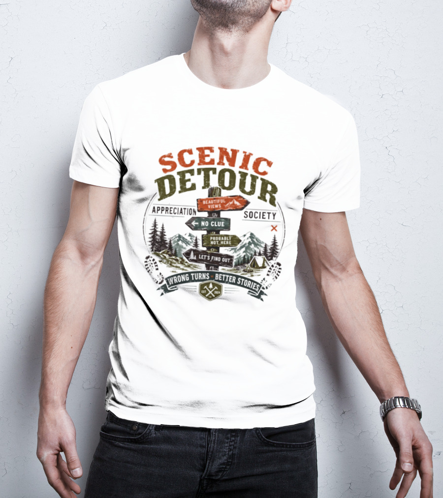 Scenic Detour Appreciation Society No Clue Adventure Awaits Better Stories T-Shirt